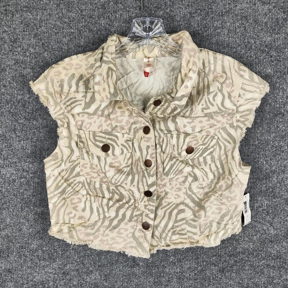No Boundaries Vest Girls Large 11-13 Beige Animal Print Denim Button Front